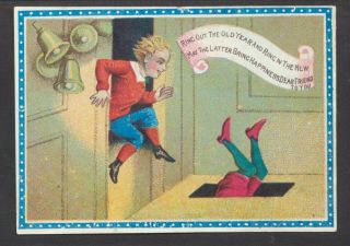 C6115 Victorian Xmas Card: Figure Falling Down Trap Door 1875