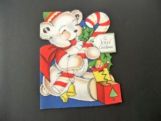 Vintage Christmas Card 1950’s Bear Toys Candy Cane
