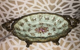 Vintage Chinese Ornate Brass Footed Soap Dish Crackled Porcelain Flowered Bowl
