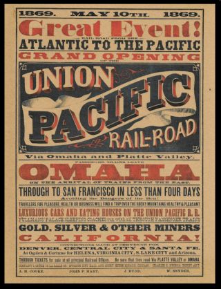 1869 Union Pacifictranscont.  Railroad Poster Reprint On 100 Year Old Paper P008