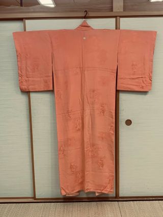 Antique Vintage Kimono Fabric Kimono Gown Salmon Orange Pure Silk　100％