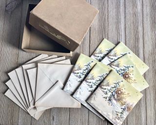Box (6) Vintage Rust Craft Madsen Christmas Cards Snow Bird Lamppost Tree