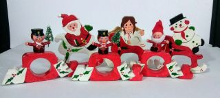 Vintage Christmas Napkin Holders Wooden Set Of 6 Taiwan Santa Elf Snowman Angel