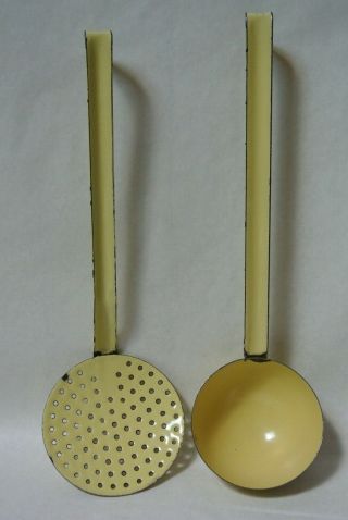 Vintage French Yellow Enamelware Strainer Spoon Ladle Hanging Utensil