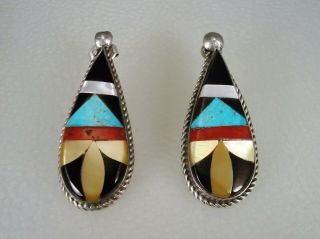 Marvelous Vintage Zuni Sterling Silver & Mosaic Inlay Earrings