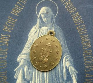 Miraculous Medal Of Immaculate Virgin Mary - Antique Pendant & Antique Holy Card