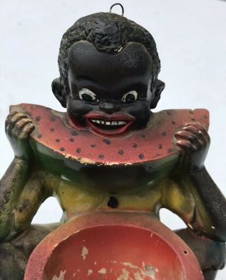 Vintage Chalkware Black Americana Boy Eating Watermelon Ashtray Toothpick Holder