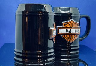 2 Harley Davidson Motorcycles Black Orange Logo Tankard Mug Beer Steins 20 Oz