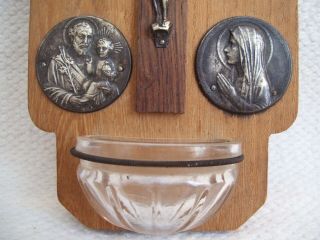 Vintage Wood/Glass/Metal Personal Holy Water Font with Jesus,  Mary,  Joseph 3