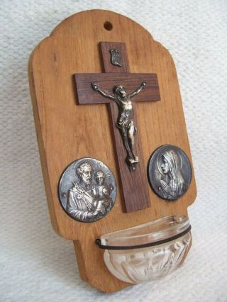 Vintage Wood/Glass/Metal Personal Holy Water Font with Jesus,  Mary,  Joseph 4