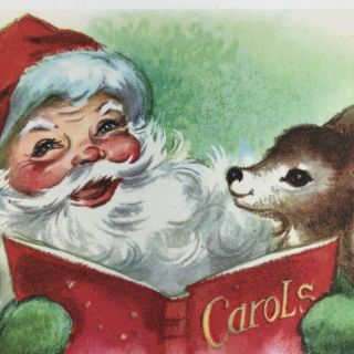Vintage Mid Century Christmas Greeting Card Santa Claus Reading To Reindeer