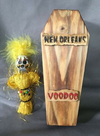 Hand - Made & Painted Orleans " Voodoo Doll " W/wood Coffin Box Pin Game