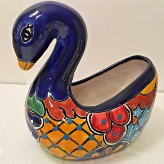 Mexican Talavera Pot 10” Blue Swan Planter Pottery Folk Art Bird Animal