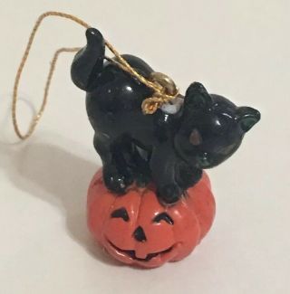 Vintage Halloween Black Cat Green Eyes On Pumpkin Mini Ornament Hard Plastic