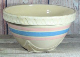 Vintage Mccoy Pottery Blue Pink Band Stripe Yellow Ware Medium Mixing Bowl