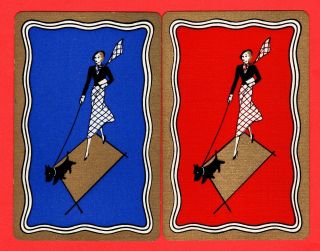 2 Single Vintage Playing/swap Cards Dogs Deco Lady Walking Scottie Dog D25