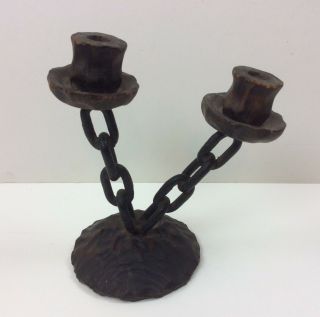 Gothic Rustic Halloween Haunted House Chains & Wood Double Candlestick Holder