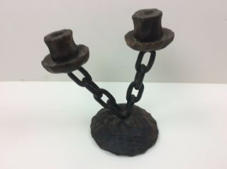 Gothic Rustic Halloween Haunted House Chains & Wood Double Candlestick Holder 2