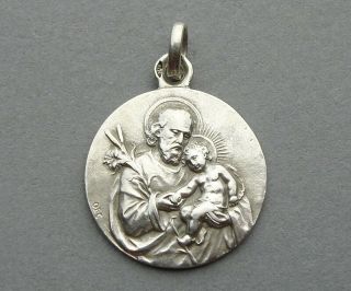 Saint Joseph And Jesus Christ.  Antique Religious Silver Pendant.  French Medal.