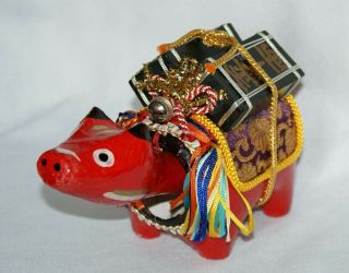 Japanese Hariko Doll " Akabeko " Red Cow Lucky Charm Bobbing Head/ With Bell