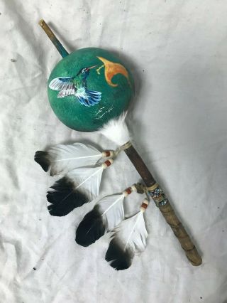 Hand Painted Dance Gourd Rattle,  Ceremonial,  Santa Fe Style,  Natural,  Hummingbird