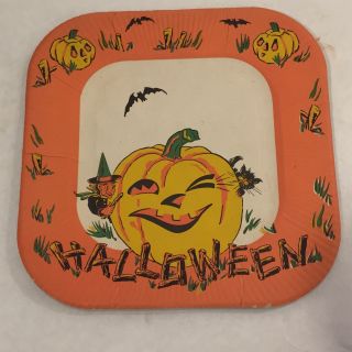 Vtg Halloween Paper Luncheon Plate Witch Black Cat Jack - O - Lantern Bat 1950 