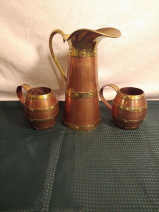 Great 3 Piece Set Of Cobre Mexico Berass Ans Copper Pitcher And 2 Cups