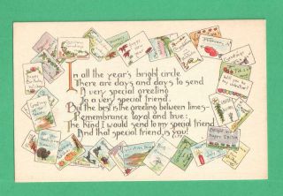 Vintage Arts & Crafts Freindship Card Greeting Encircled By Holiday Postcards