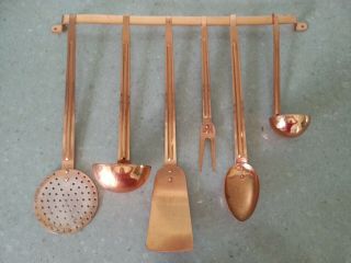 6 Vintage Copper Kitchen Cooking Utensils With Hanging Bar - Spoon Fork Spatula