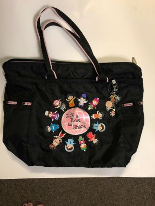 Disney Lesportsac Small World It’s Time To Share Embroidered Tote & Charm Rare