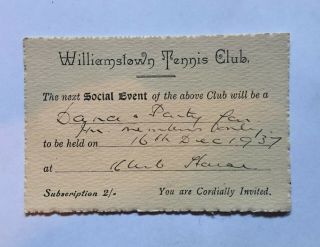 Vintage 1937 Williamstown Tennis Club Dance Ticket Invite Melbourne