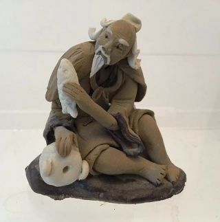 Asian Mud Man W/fish Clay Pottery Figurine Miniature Sculpture Unglazed Bonsai