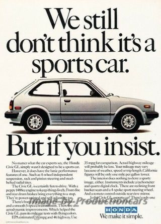 1982 Honda Civic - Sportscar - Advertisement Print Art Car Ad J789