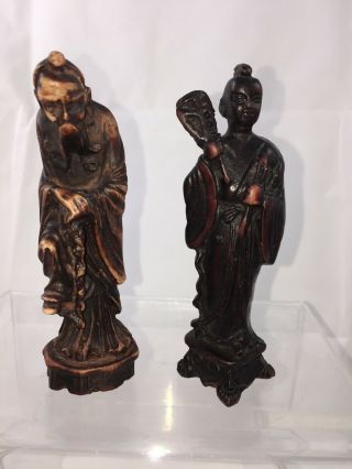 2 Carved Chinese Asian Old Man With Beard Staff Holding Item In Hand Wood? Bone?