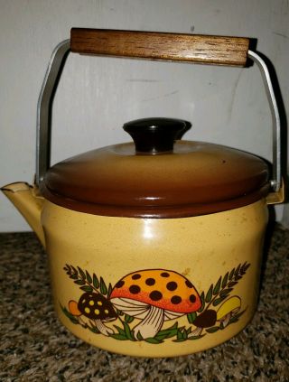 Vintage Sears Merry Mushroom? Enamelware Tea Pot/kettle With Wooden Handle