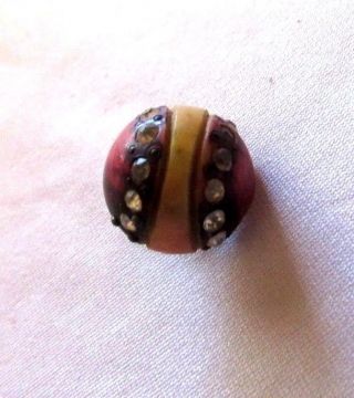 Vtg Dome Tagua Nut Vegetable Ivory Tinted 2 Color,  Rhinestones Charmstring Shank