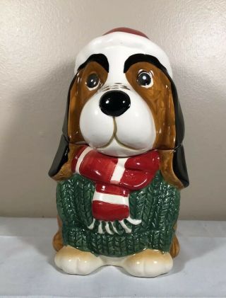 Holiday Style Christmas Beagle Hound Dog Ceramic Cookie Jar 9 " H X 6 " Dia