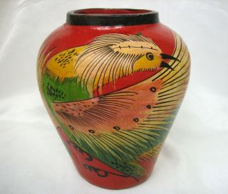 Mexican Tonala Style Vintage Hand Painted Pottery Vase With Bird Mexico Folk Art