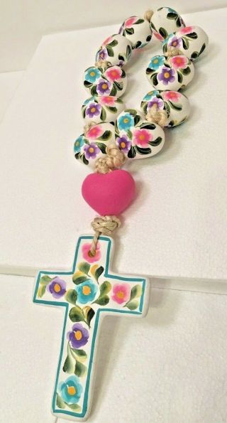 Mexican Heart Folk Art Clay Pottery Rosary Beads Cross Pink Wall Art 15 "