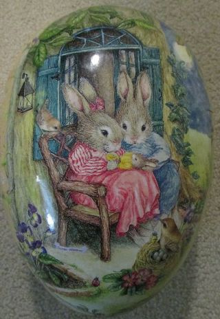 Large Nestler Germany Paper Mache Easter Egg / Candy Container W Bunny Rabbits