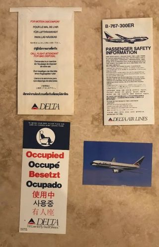 Delta Airlines B767 - 300er Passenger Safety Card,  Air Sick Bag Post Card 1990