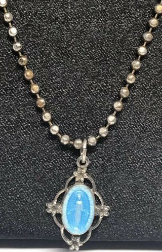 Vintage Antique Sterling Silver Virgin Mary Medal & Cross Pendant On 22” Chain