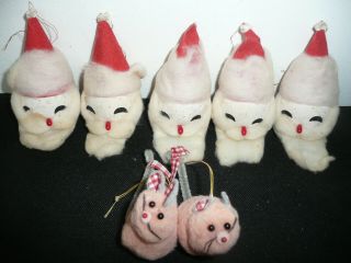 5 Vtg Christmas Santa Claus Head Ornaments Spun Cotton 2 Pompom Mice Japan