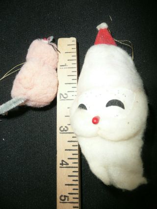 5 Vtg Christmas SANTA CLAUS HEAD ORNAMENTS Spun Cotton 2 POMPOM MICE Japan 2