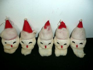 5 Vtg Christmas SANTA CLAUS HEAD ORNAMENTS Spun Cotton 2 POMPOM MICE Japan 3