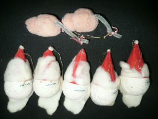 5 Vtg Christmas SANTA CLAUS HEAD ORNAMENTS Spun Cotton 2 POMPOM MICE Japan 4
