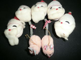 5 Vtg Christmas SANTA CLAUS HEAD ORNAMENTS Spun Cotton 2 POMPOM MICE Japan 5