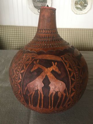 Hand Carved Large African Calabash Gourd With Lid