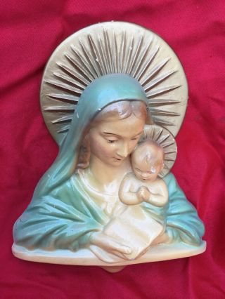 Vintage Antique 8 " Mary Jesus Chalkware Religious Statue Wall Plaque Rare