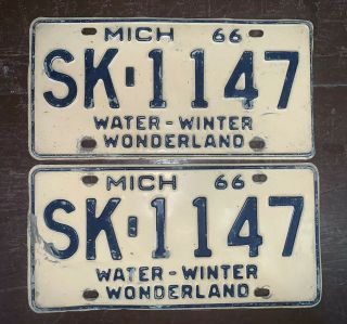 Matched Pair Vtg 1966 6 Digit Sk - 1147 Michigan License Plate Gas Oil Rat Hot Rod